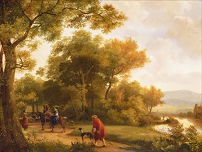 painter: Joris van der Haagen, Landscape with figures and horses, landscape chimney painting painting material oil paint linen