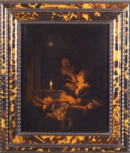 Adriaen van der Werff, Candle light: sleeping woman by candlelight is attacked by pawing old man, painting visual material wood