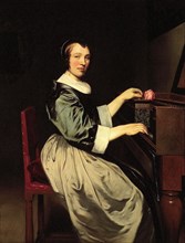 Ludolf de Jongh, Young woman at virginaal, portrait painting material linen oil painting, Portrait rectangular portrait