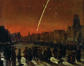 Lieve Verschuier, Tail star (comet) above Rotterdam, cityscape painting visual material paint oil painting wood, Oil on panel