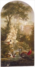 Chimney with representation of garden with fountains, sphinx and various birds, in the background an amorous couple, room