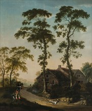 Arcadian local landscape with house and hunter with two dogs shooting at hare, landscape room wallpaper wallpaper painting