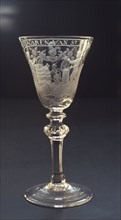 Chalice, engraved with 't Welvaren van St. Iansgild (pirate and wineglass guild), wine glass drinking glass drinking utensils