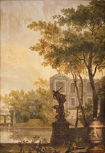 Jan Stolker, Wallpaper with representation park landscape with sculpture, garden vase and building in background, landscape