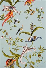 Wallpaper with floral motifs and bird, painting wallpaper canvas linen oil paint wood, Rotterdam Turtle garden Probably Turtle