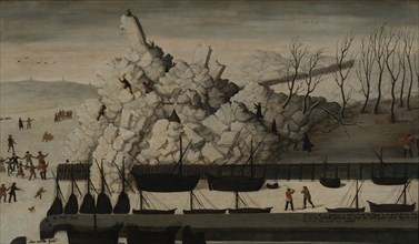 Cornelis Jacobsz van Culemborch, Crossing ice at Delfshaven, Rotterdam, painting visual material wood oil, Panel rectangular