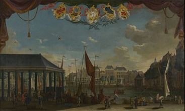 Pieter Tiele, View of the Korenbeurs on the Steiger, with five coats of arms above the show, Rotterdam, cityscape painting