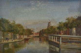 Jan Bikkers, Goudsesingel with mill at the Oostpoort, Rotterdam, cityscape painting visual material paper oil paints 31,5 w 44,8