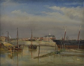 Jan Bikkers, 's Lands Werf, the naval dockyard and the Rijksentrepot at the Boerengat, Rotterdam, cityscape painting visual