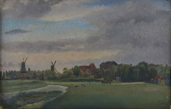 Jan Bikkers, Rotte with house 'Den Arend', Rotterdam, village view painting footage paper oil, In the big house 'den Arend'