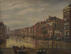 Jan Bikkers, Binnenrotte in the direction of the Lombard bridge with two salesmen in the foreground, Rotterdam, cityscape