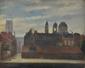 Jan Bikkers, Houses on the Korte Hoogstraat, including the Tuchthuis and Van Dooren's Foundation, Rotterdam, cityscape painting