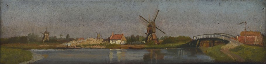 Jan Bikkers, View of the Rotte under Rubroek with wipwater mill and Hooge Rottebrug, Rotterdam, village view painting footage
