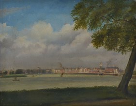 Jan Bikkers, View of the city with Rijksentrepot from the Oude Plantage, Rotterdam, painting footage paper cardboard paint