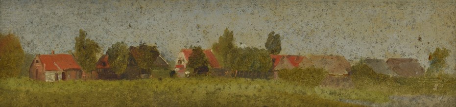 Jan Bikkers, Strip farms and trees with meadow in the foreground, Rotterdam, painting footage paper cardboard paint with carrier