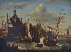 Jan Bikkers, Ooster Oudehoofdpoort with sailing ships moored in the foreground and saluting Statenjacht, Rotterdam, painting