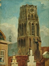 S.J. van de Bergh, View of the tower of the Laurenskerk, Rotterdam, cityscape painting footage oil paper cardboard cardboard