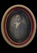 Portrait photo of man, daguerreotype photo footage wood leather velvet glass metal, Portrait photo of man, in oval frame