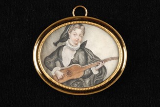 Portrait miniature of guitar-playing instrument, portrait miniature painting imagery parchment paint watercolor copper parchment