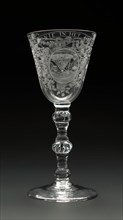 Chalice engraved with rosmoles, family arms, city arms and De goede Harmonie in the Grutters Gilde, wine glass drinking glass