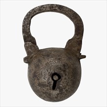 Iron ball lock, convex body with keyhole and arcuate hinged hook, padlock lock closing device soil find iron metal, forged