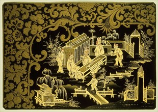lacquer worker: Lodewijk Johannes Nooijen, Metal plate, lacquered in colors and gold on black, with decorative 'western' edge