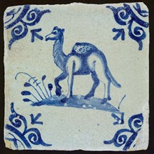Animal tile, dromedary, corner motif ox's head, wall tile tile sculpture ceramic earthenware glaze, baked 2x glazed painted