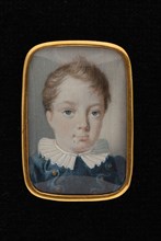 Portrait miniature of little boy, portrait miniature painting visual material ivory paint watercolor ivory backing, Standing