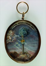Oval gold medallion with palm tree with shield with coat of arms of Rotterdam, medallion miniature painting footage watercolor