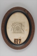 Oval wooden frame with square picture of angels and the Lord's Prayer, etching print thumbnail miniature model wood paper frame