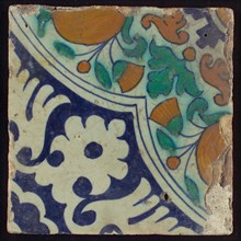 Ornament tile, diagonal ornament in quatrefoil with bows in which orange-apples and flowers, palm corner, corner pattern rosette