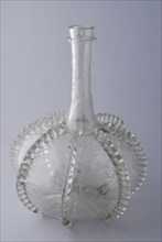 Bulbous ornamental bottle, decanter engraved with grape vines, peacocks, butterflies and flowers, bottle holder glass, free