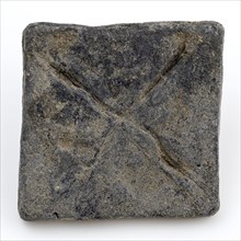 Square playing disc or playing stone, marked with large cross, disc game ground find lead metal, cast punched cut Square disk