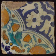 Ornament tile, diagonal ornament in quatrefoil with bows in which orange-apples and flowers, palm corner, corner motif rosette