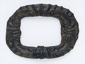 Small pewter clasp without angel, decorated frame, clasp fastener component soil find tin metal, Oval bracket archeology