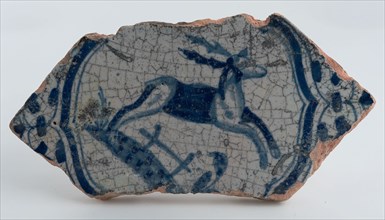 Fragment tile with brace frame and monochrome blue docking deer on fence, wall tile tile visualization earth discovery ceramics