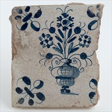 Fragment tile with central monochrome blue flower arrangement, corner decoration lily, wall tile tile visualization earth