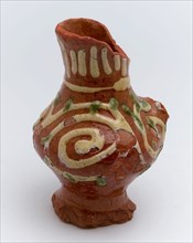 Pottery jug used with sludge decoration on stand surface, small size, jug crockery holder soil find ceramic earthenware glaze