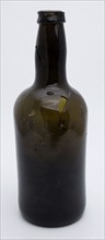 Cylindrical bottle, bottle holder bottomfound glass, with imposed all-round sharp glass thread and flattened lip archaeology