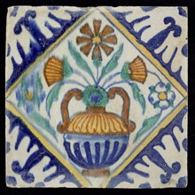 Flower Tile, flowerpot, multicolored on white ground; on the backside of castle, corner motif palmet, wall tile tile sculpture