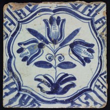 Flower Tile, blue on white, three-tier within braces, corner motif meander or Wanli, wall tile tile sculpture ceramic