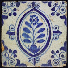 SB, Flower Tile, blue on white, in oval with lilies, flower on ground, corner motif, wall tile tile sculpture soil find ceramic