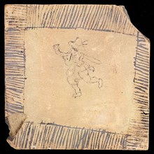 Figure tile, not painted and glazed, in blue ink sketch Of man figure, borders filled with stripes, wall tile tile sculpture
