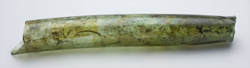 Hollow, slightly curved tube fragment, green, possibly fragment of distilling equipment, glass laboratory glass? soil find glass