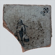 Fragment tile with central monochrome blue man with yoke and buckets, corner decoration spider, wall tile tile visualization