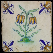 Flower Tile, green, blue, yellow and brown on white ground, two tulip on ground, corner pattern French lily, wall tile