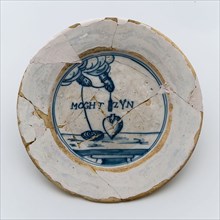 Earthenware faience plate, decor in blue on white ground, with spell, dish plate crockery holder earth discovery ceramic