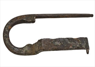 Lock bracket of large lock, padlock lock closing device soil found iron metal, forged bracket of mounting lock Two unequal legs