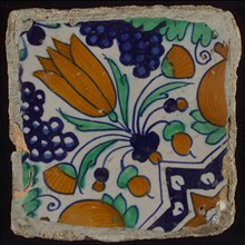 Tile, blue, green, orange and brown on white, star tulip with quarter rosette, bunches of grapes and orange-apples, wall tile