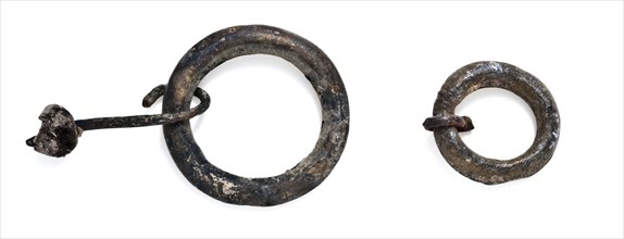 Two round buckles or rings, clasp fastener component soil find bronze copper brass metal, cast Two round rings probably round